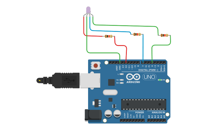 Circuit design RGB LED blinking with Resistor - Tinkercad