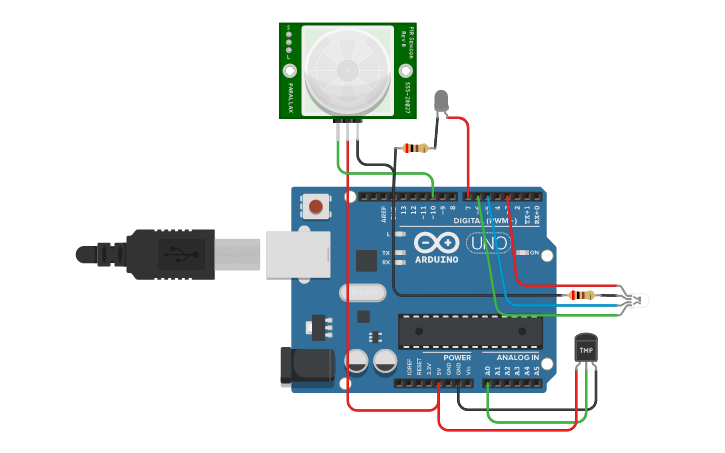 Circuit design ARDUINO PIR DAN SENSOR SUHU - Tinkercad