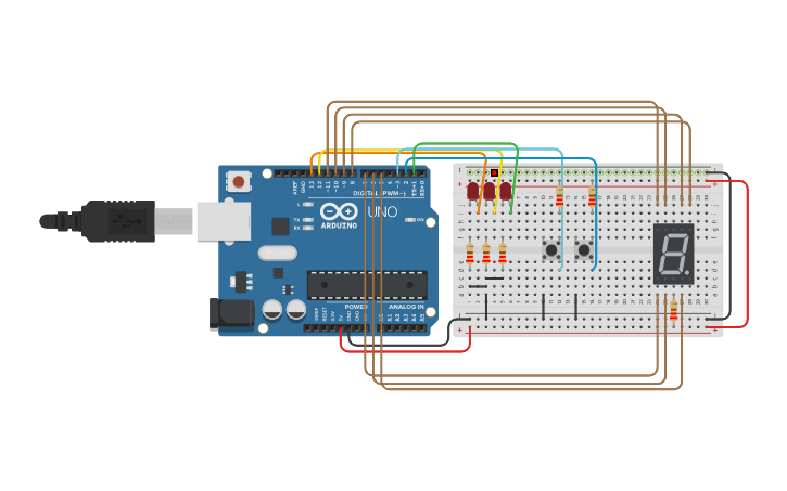 Circuit design Contador de 3 bits con 7 segmentos - Tinkercad