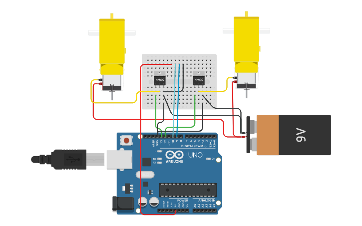 Circuit design Arduino_2MoterDC_2NMOS | Tinkercad