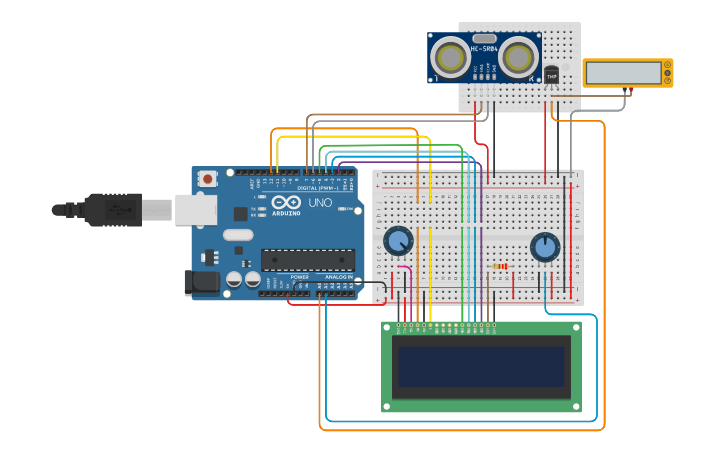 Circuit design Potenciômetro LM35 HC-SR04 LCD 2x16 - Tinkercad