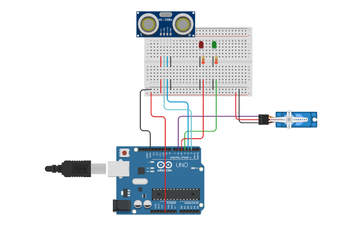 Circuit design sensor ultrasonico servomotor - Tinkercad