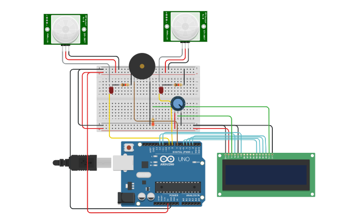 Circuit design Visitor Counter using PIR - Tinkercad