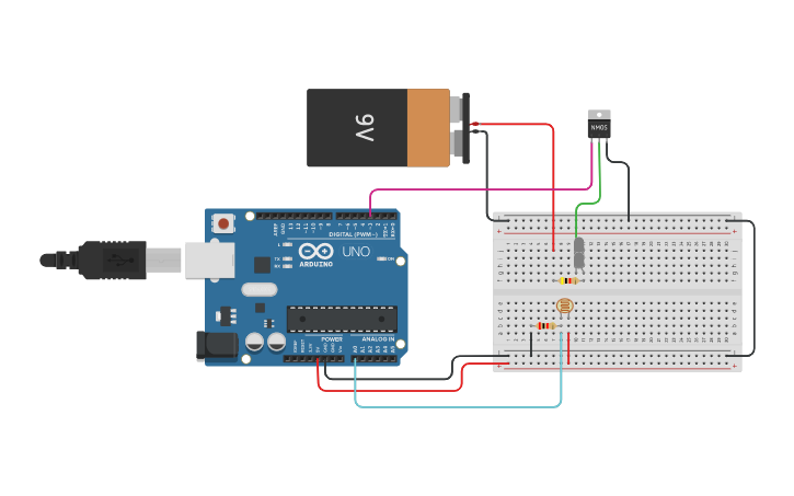 Circuit design trying with PWM + nmos - Tinkercad