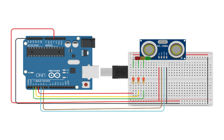 Circuit design Ultrasonic Sensor with LEDs - Tinkercad
