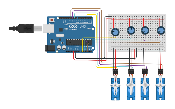 Circuit design 4 Pot 4 Servo Kontrol (Robot Kol) | Tinkercad