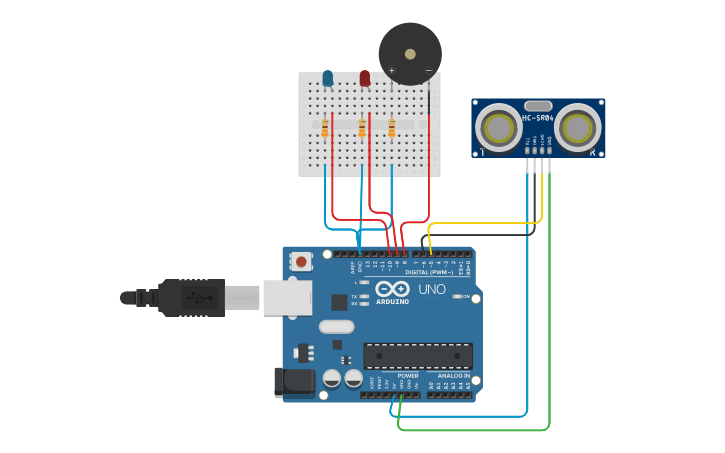 Circuit design Ultrasonic sensor with LED - Tinkercad