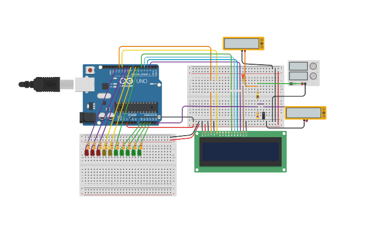 Circuit design 12V Voltmeter with Bar Graph and Alerts - Tinkercad