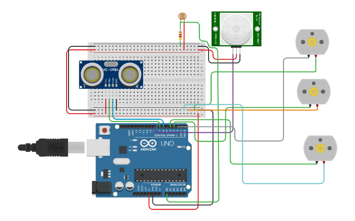 Circuit design PIR, Ultrasonic and LDR Sensor - Tinkercad