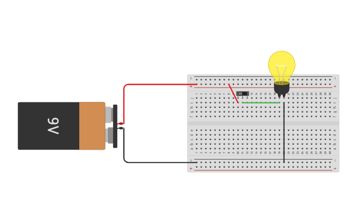 Circuit design bombilla y placa protoboard - Tinkercad