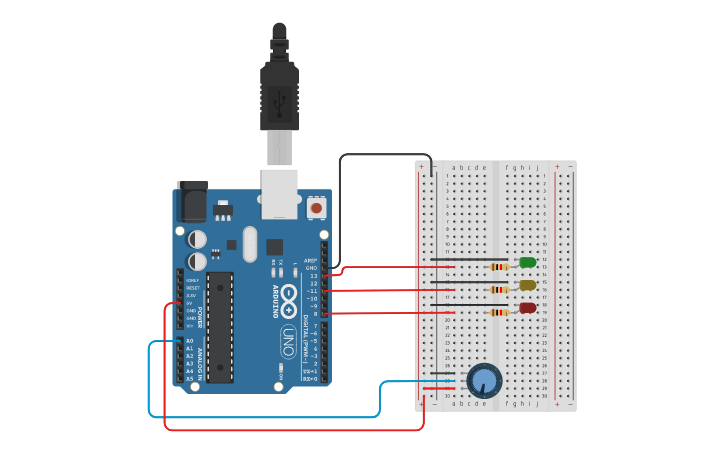 Circuit design Potencimetro com trs Leds | Tinkercad