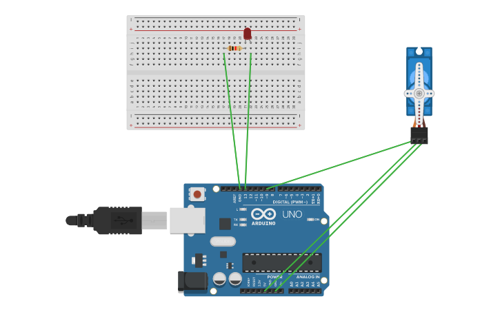 Circuit design LED and servo motor - Tinkercad