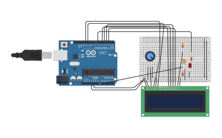 Circuit design LCD & LDR and LED - Tinkercad