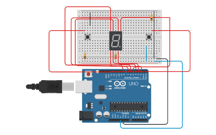 Circuit design Contador 7 segmentos - Tinkercad