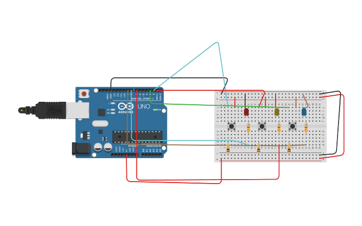 Circuit design 3 buttons 3 led - Tinkercad