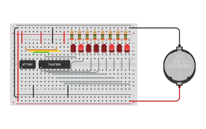 Circuit design ATTINY85 shift register test - Tinkercad
