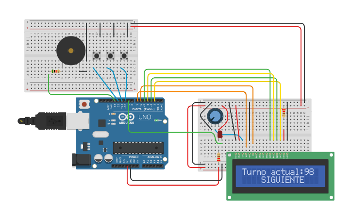 Circuit design Sistema de turnos con LCD - Tinkercad