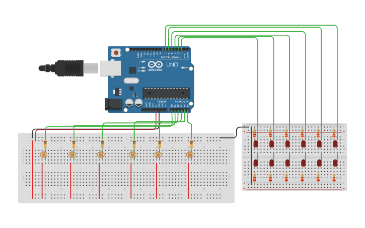 Circuit design Led´'s controlado por LDR's | Tinkercad