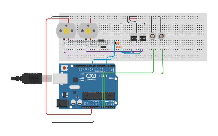 Circuit design Carrinho seguidor de linhas - Tinkercad