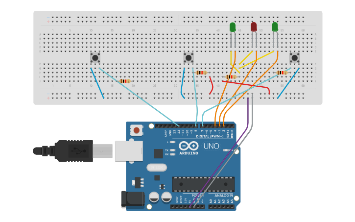 Circuit design 3 pulsadores y tres LEDs - Tinkercad