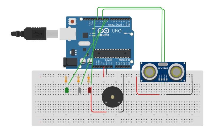 Circuit design USO DE SENSOR ULTRASONIDO PARA ENCENDER UN LED | Tinkercad