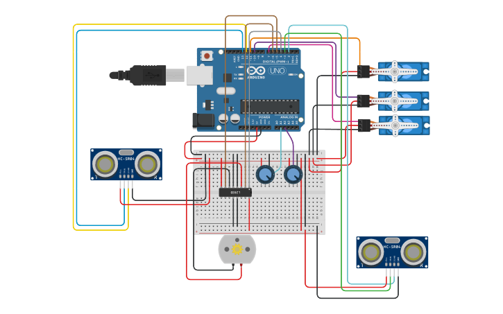 Circuit design 3 DOF Arm Robot dengan 1 End Effector | Tinkercad