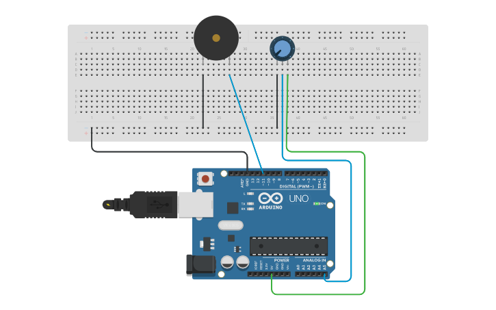 Circuit design Potenciometro y Piezo - Tinkercad