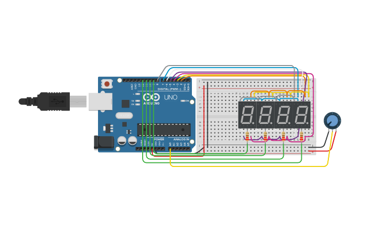Circuit design 4 displays reloj | Tinkercad