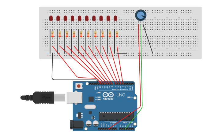 Circuit design Interactive LED Chase Effect - Tinkercad