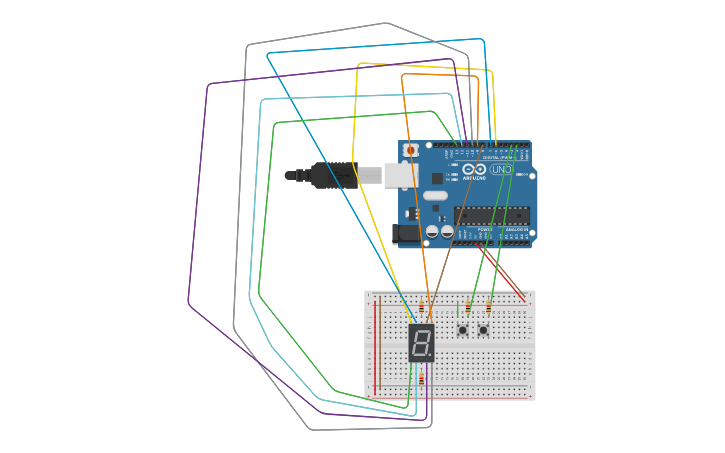 Circuit design 7segment display on arduino with 2 buttons - Tinkercad