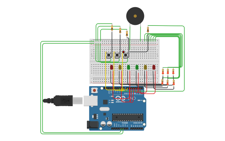 Circuit design 6 leds, 3 pulsadores y 1 piezo Gonzalez | Tinkercad