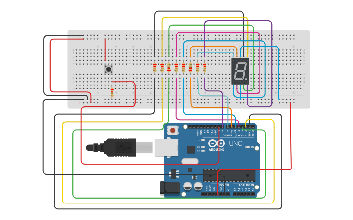 Circuit design 7 Segment Display(Cathode) With Push Button - Tinkercad