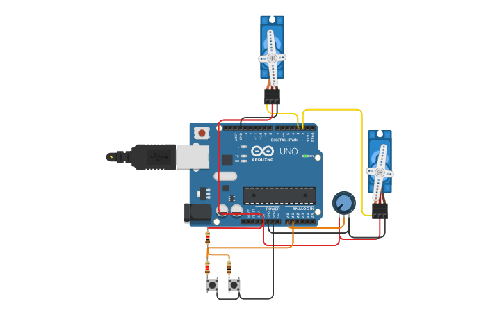 Circuit design Servo buttons + servo potentiometer - Tinkercad