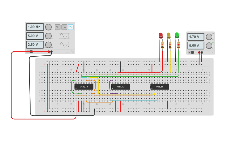 Circuit design 3 bit counter using JK flipflop - Tinkercad