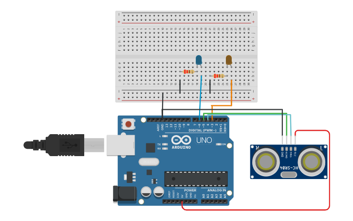 Circuit design Circuito con Sensor de Distancia - Tinkercad