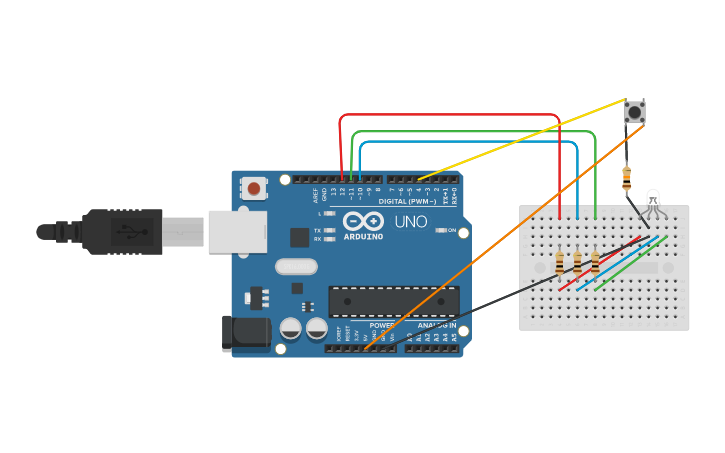Circuit design Tricolor Led on Arduino with Switch 1 - Tinkercad