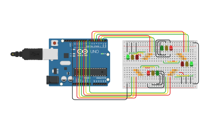 Circuit design Traffic Lights Intersection | Tinkercad