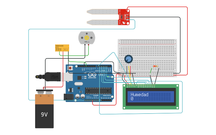 Circuit design bomba de agua y humedades - Tinkercad