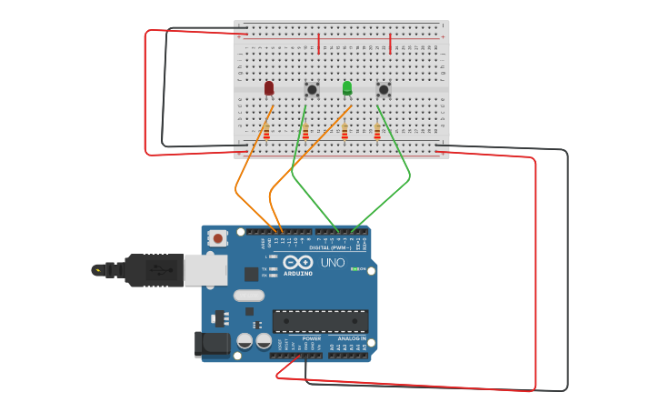 Circuit design Circuito 4 -2 pulsador y 2 LED - Tinkercad