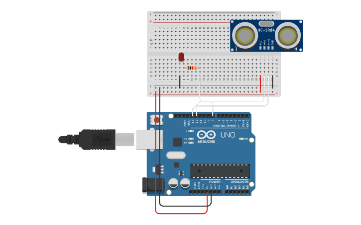 Circuit design LED and Ultrasonic Sensor - Tinkercad