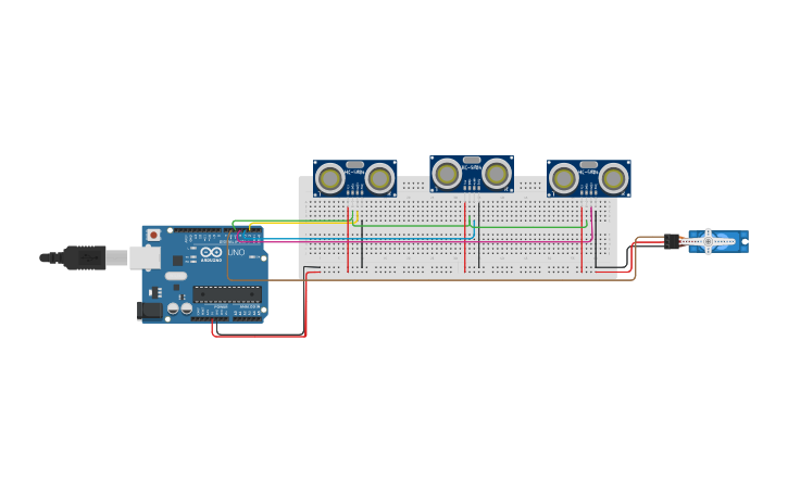 Circuit design servo rotation using three ultrasonic sensor - Tinkercad