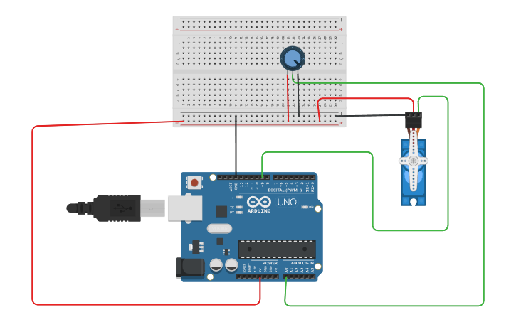 Circuit design Potentiometer and servo motor - Tinkercad