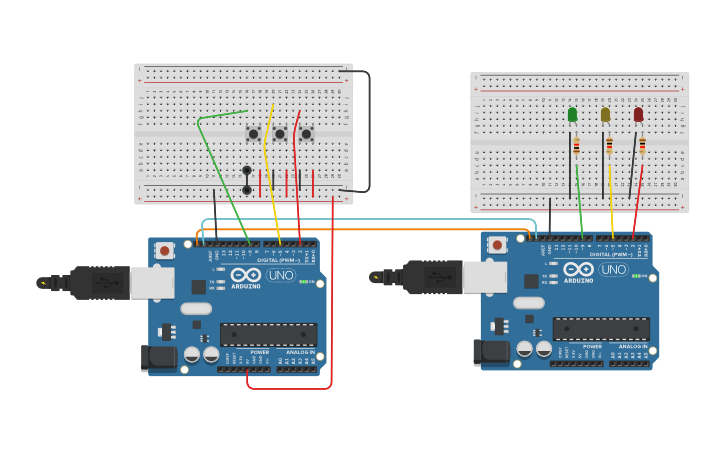 Circuit design I2C 2 arduino 3 LED - Tinkercad