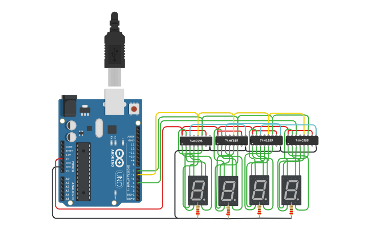 Circuit design 7 SEGMENT DISPLAYS USE 74HC595 4 pcs. - Tinkercad