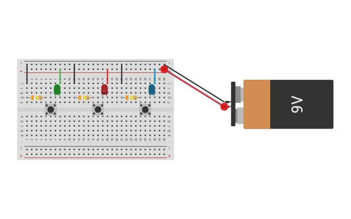 Circuit design circuito con tres LED y pulsadores - Tinkercad