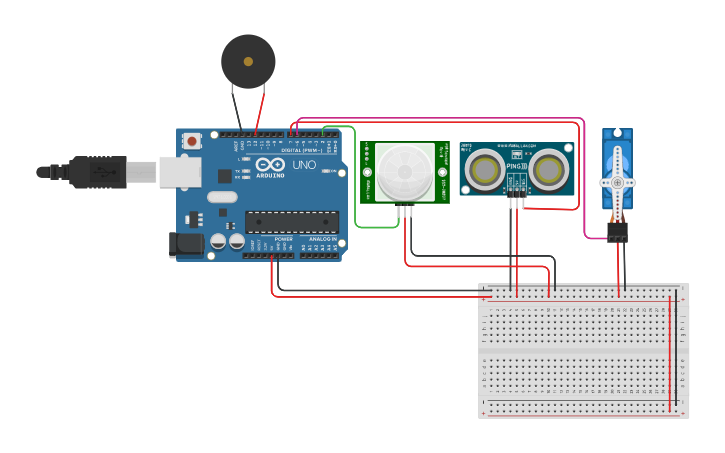 Circuit design PIR n Ultrasonic Sensors - Tinkercad
