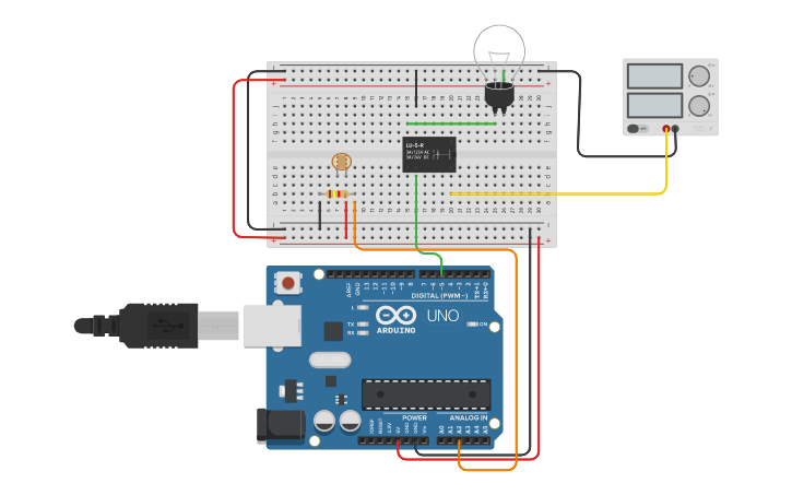 Circuit design Controlling relay with arduino and LDR - Tinkercad