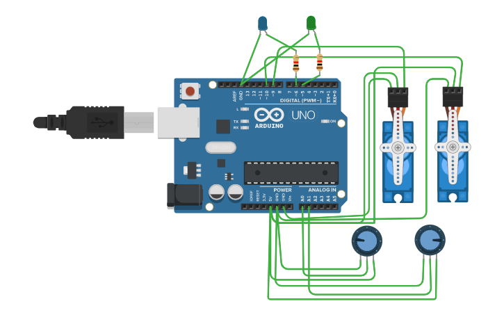 Circuit design Two servo motors and two led light blinking - Tinkercad