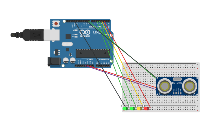 Circuit design circuito con sensor ultrasonico - Tinkercad