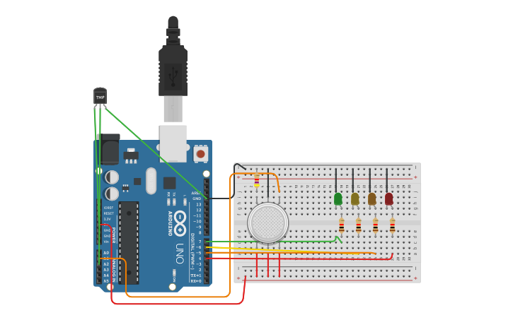 Circuit design Sensor Gas - Temperatura | Tinkercad